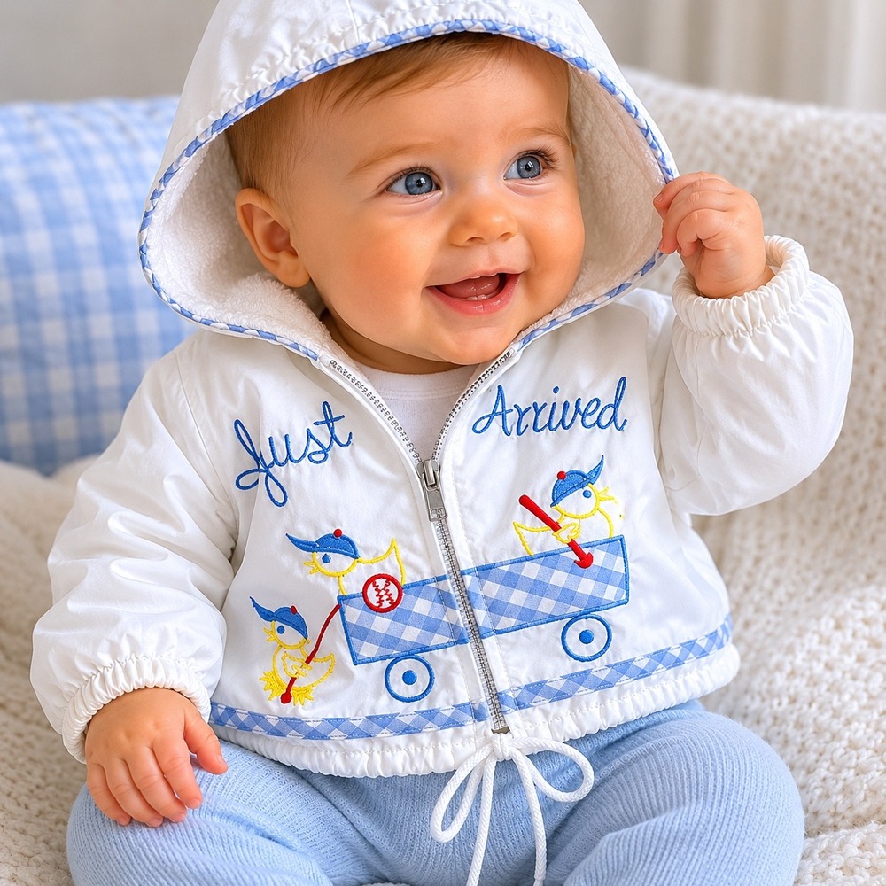 Vintage M&L Intl Just Arrived Newborn Hooded Windbreaker Jacket White Blue Chick